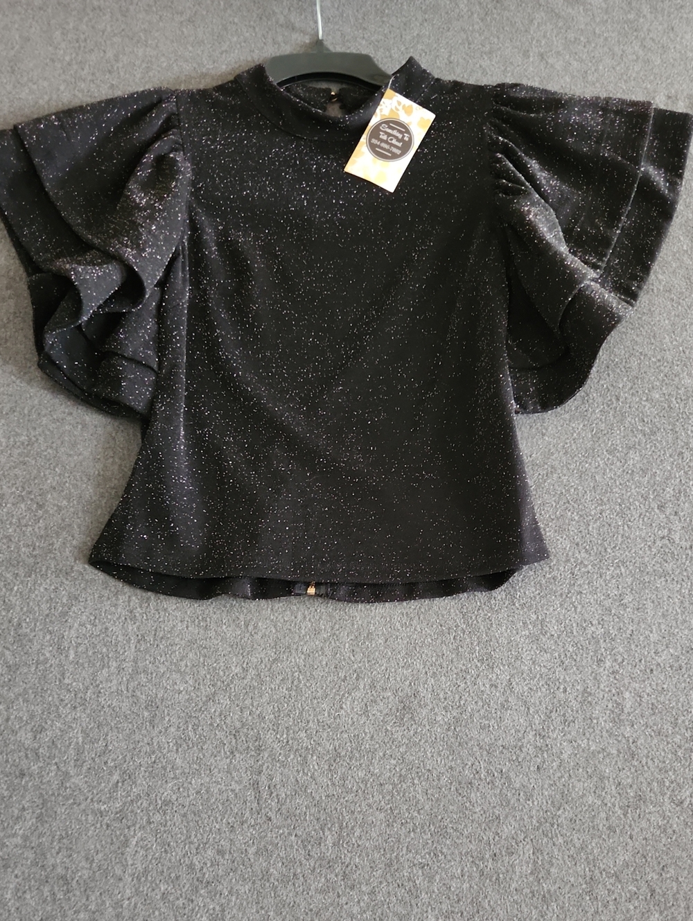 FAVLUX Womens Black Sparkle Ruffle Sleeve Top Full Zip Back Size Small Night Out